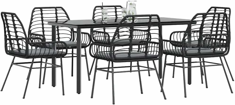Garden Dining Set Black Poly Rattan Six-Seater Removable Covers Outdoor Furniture Outdoor Decor for Terrace Balcony