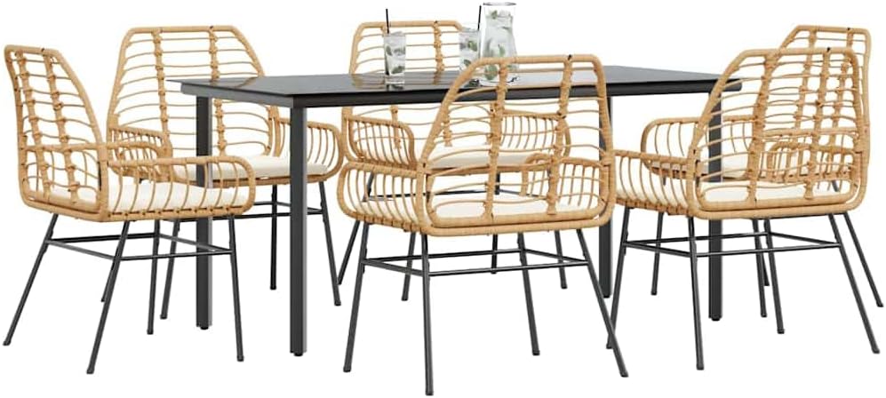 Garden Dining Set Black Poly Rattan Six-Seater Removable Covers Outdoor Furniture Outdoor Decor for Terrace Balcony