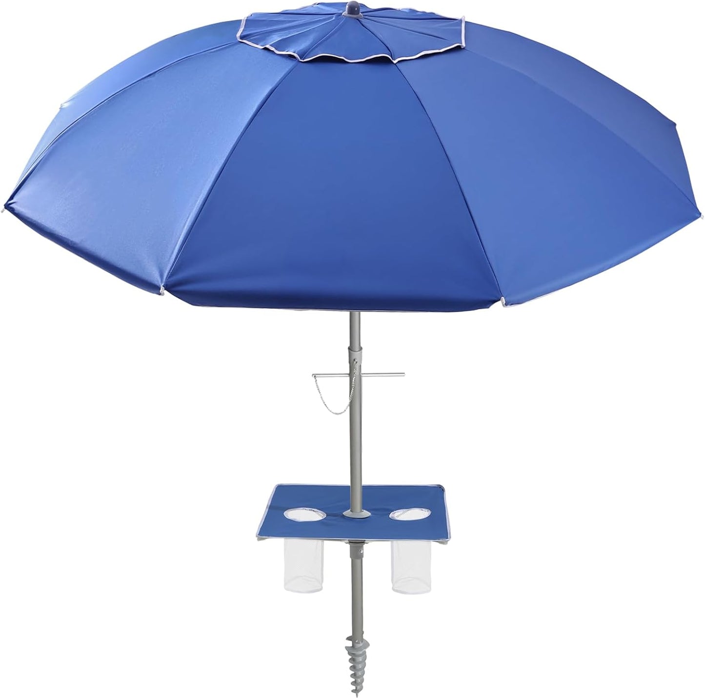 7ft Beach Umbrella featuring a built-in table with Sand Anchor & Tilt, UPF 50+ Protection Beach Umbrellas for Sand, Umbrellas for Heavy Duty Wind Portable with Carry Bag, Dark Blue Stripes(Random pattern)