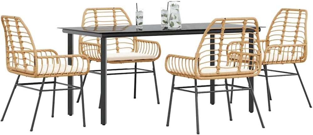 Garden Dining Set Black Poly Rattan Six-Seater Removable Covers Outdoor Furniture Outdoor Decor for Terrace Balcony
