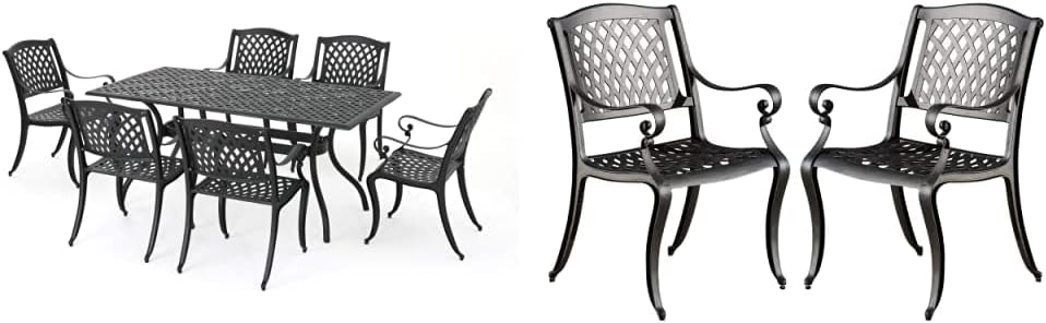 Christopher Knight Home Cayman Outdoor 6-Seater Cast Aluminum Dining Set, 7-Pcs Set, Black Sand