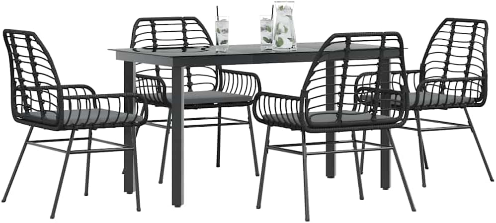 Garden Dining Set Black Poly Rattan Six-Seater Removable Covers Outdoor Furniture Outdoor Decor for Terrace Balcony