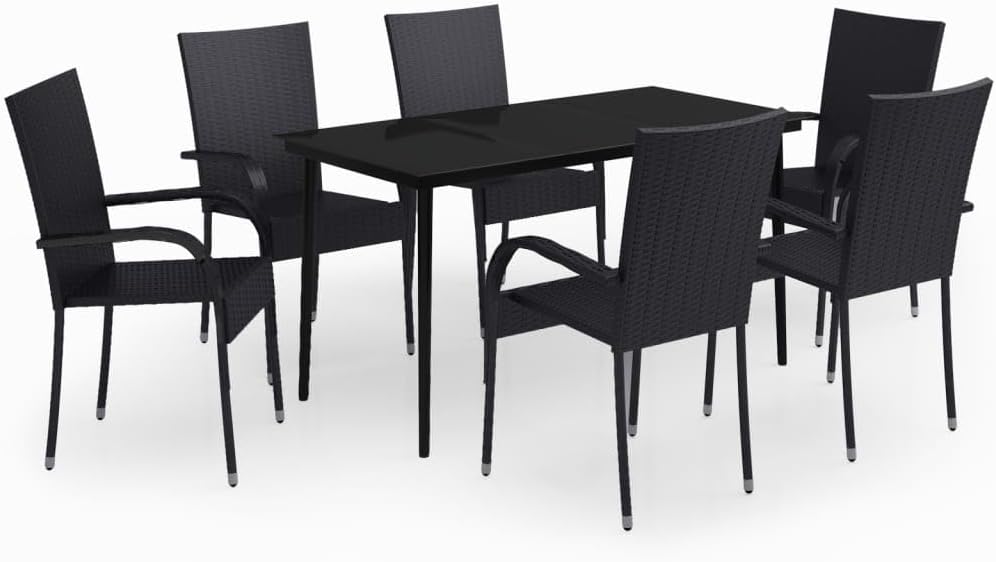 7-Piece Garden Dining Set, Black PE Rattan & Powder-Coated Steel Frame, Glass Top, 6-Seater Outdoor Patio Furniture for Balcony Terrace