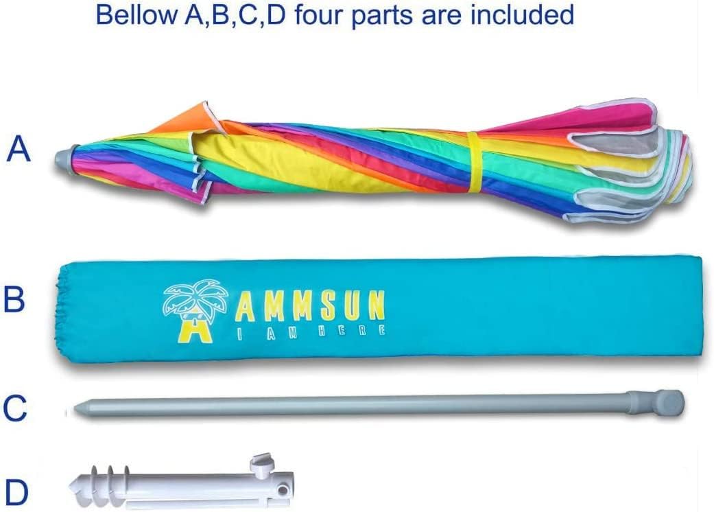 AMMSUN 7.5ft Large Heavy Duty HIGH Wind Beach Umbrella with sand anchor & Tilt Sun Shelter, UPF 50+ Protection Outdoor Umbrellas Sunshade with Carry Bag for Patio Garden Pool Backyard Rainbow
