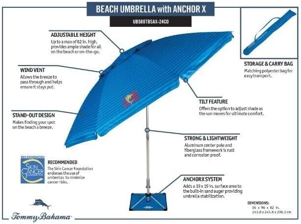 T0MMY BAHAMA 8 ft Beach Umbrella with wind vent and sand anchor