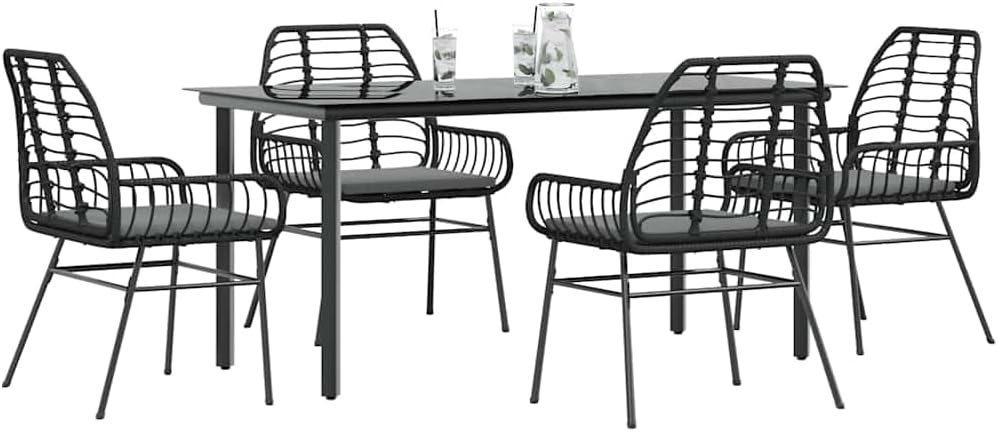 Garden Dining Set Black Poly Rattan Six-Seater Removable Covers Outdoor Furniture Outdoor Decor for Terrace Balcony
