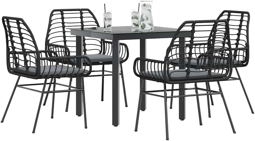 Garden Dining Set Black Poly Rattan Six-Seater Removable Covers Outdoor Furniture Outdoor Decor for Terrace Balcony