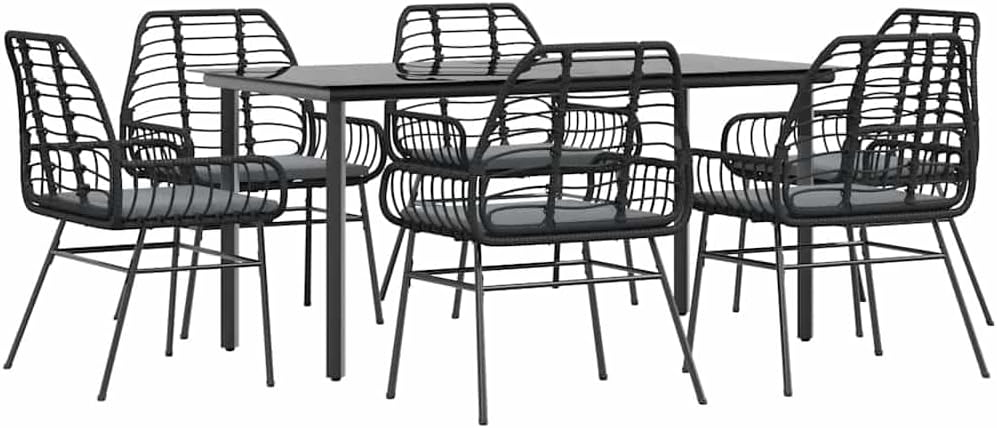 Garden Dining Set Black Poly Rattan Six-Seater Removable Covers Outdoor Furniture Outdoor Decor for Terrace Balcony