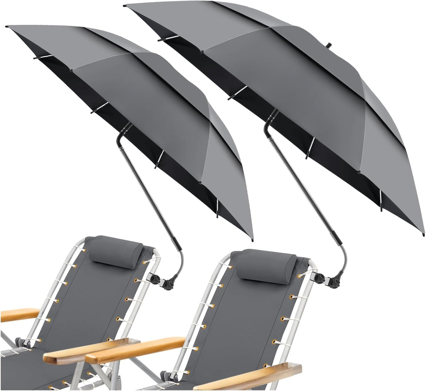 2 Pack 48.6" Double Canopy Beach Umbrella with Clamp, UPF50+ Beach Chair Umbrella with clip, 360°Adjustable Portable Outdoor Wheelchair, Patio, Golf Carts,Camping(Not Include Chair)