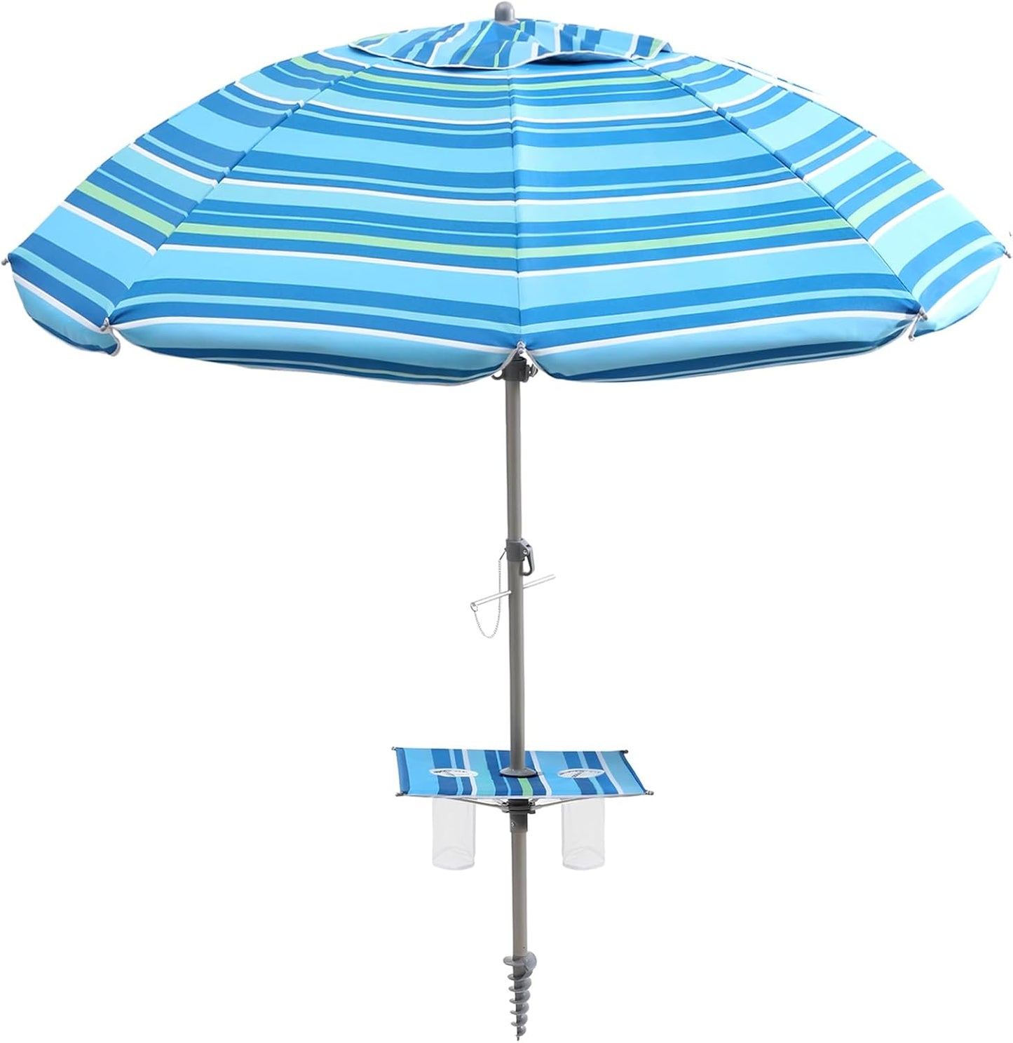 7ft Beach Umbrella featuring a built-in table with Sand Anchor & Tilt, UPF 50+ Protection Beach Umbrellas for Sand, Umbrellas for Heavy Duty Wind Portable with Carry Bag, Dark Blue Stripes(Random pattern)