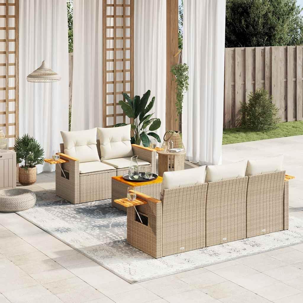 Garden Sofa Set Beige PE Rattan Modular Outdoor Furniture Set for Patio Balcony and Terrace 6 Seater Weather Resistant Comfortable Cushions