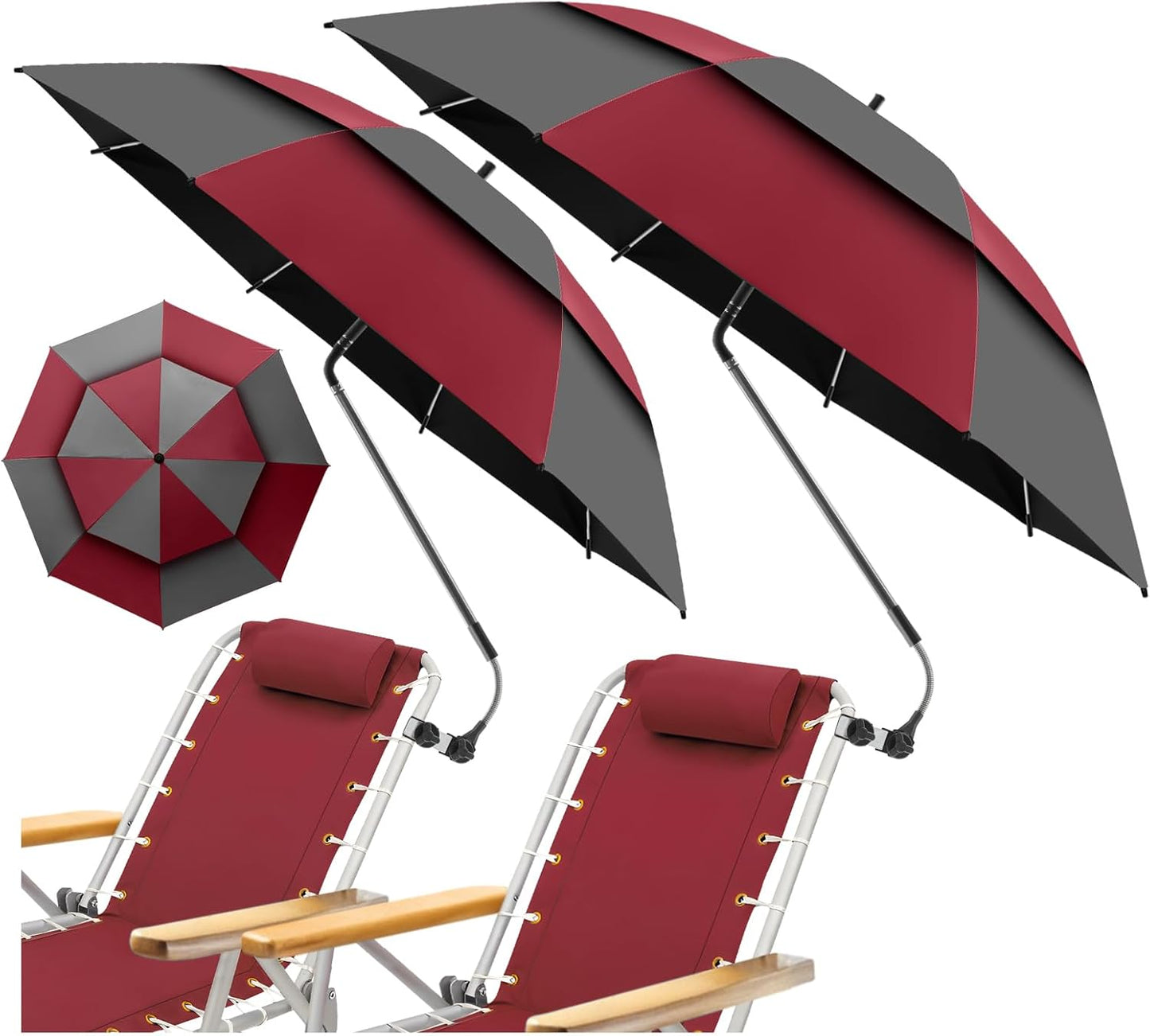 2 Pack 48.6" Double Canopy Beach Umbrella with Clamp, UPF50+ Beach Chair Umbrella with clip, 360°Adjustable Portable Outdoor Wheelchair, Patio, Golf Carts,Camping(Not Include Chair)