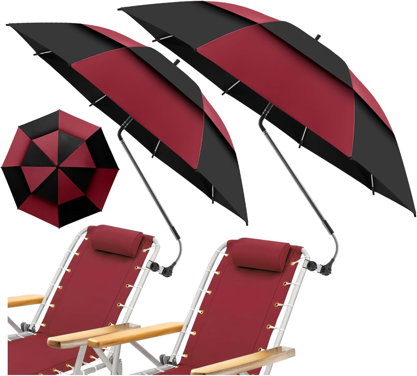 2 Pack 48.6" Double Canopy Beach Umbrella with Clamp, UPF50+ Beach Chair Umbrella with clip, 360°Adjustable Portable Outdoor Wheelchair, Patio, Golf Carts,Camping(Not Include Chair)