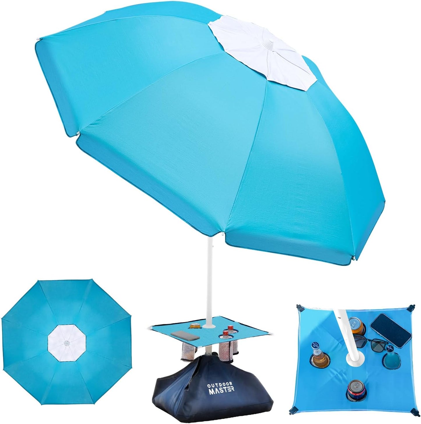 OutdoorMaster Beach Umbrellas with Sandbag & Anchor with 4 Cup Holder, 6.5ft Adjustable Umbrella for Beach Heavy Duty Wind, Portable UPF50+ Sunshade with Carry Bag for Patio,Blue Red with Cup Holder