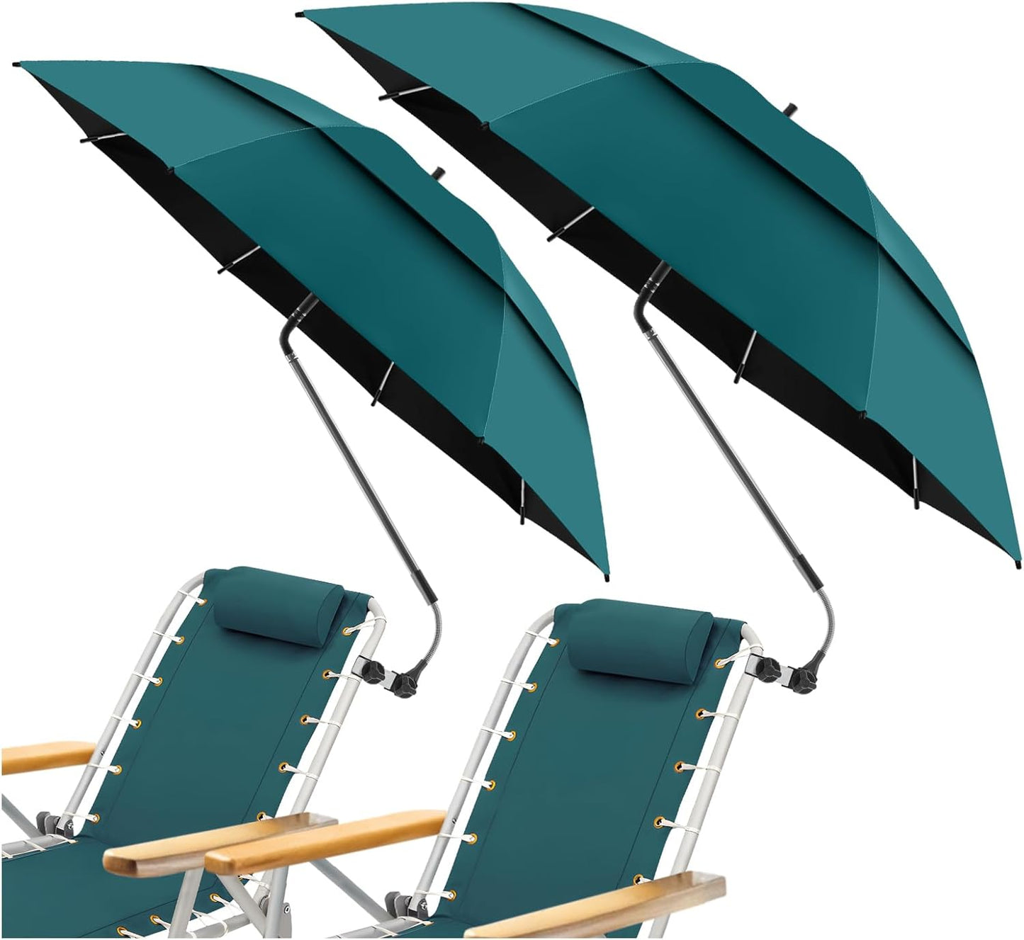 2 Pack 48.6" Double Canopy Beach Umbrella with Clamp, UPF50+ Beach Chair Umbrella with clip, 360°Adjustable Portable Outdoor Wheelchair, Patio, Golf Carts,Camping(Not Include Chair)
