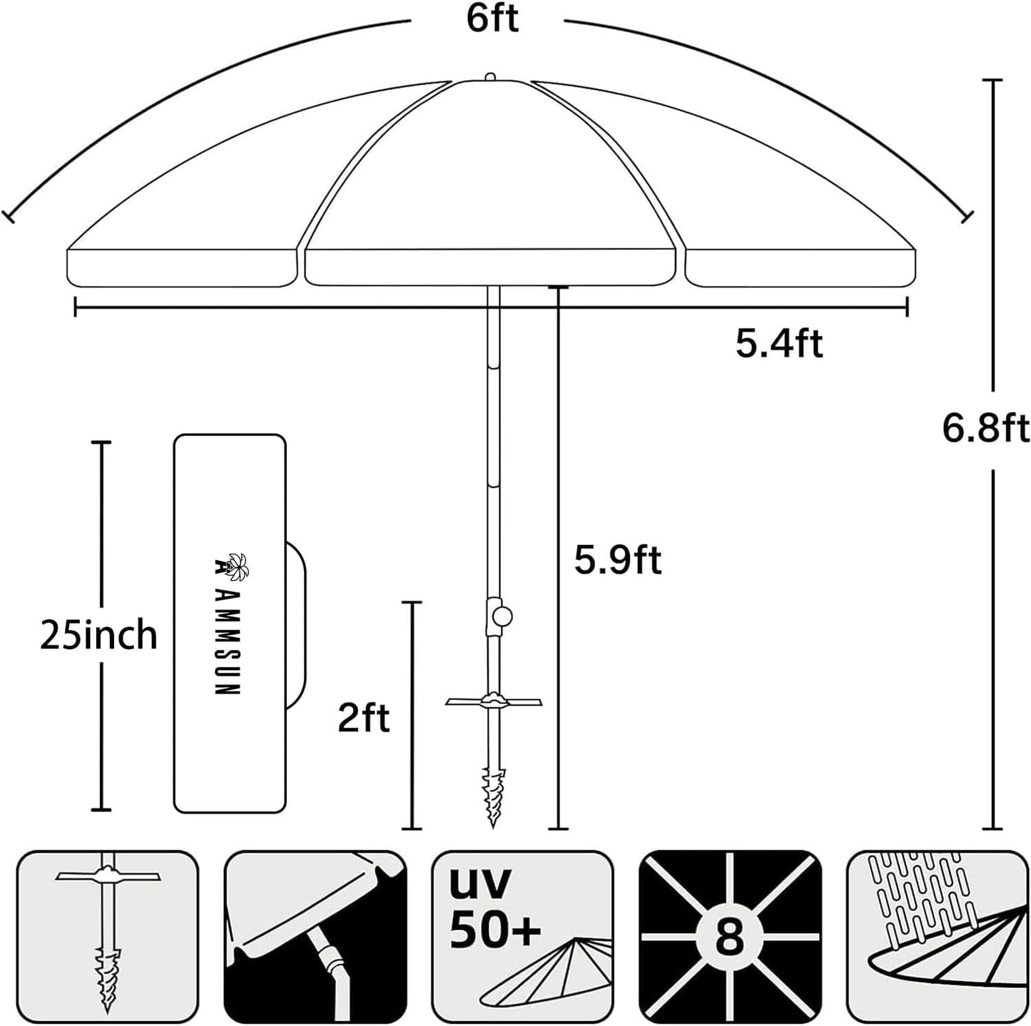 AMMSUN 6ft Folded Portable Travel Beach Umbrella with Sand Anchor Tilt Air vent UPF 50+UV Protection Fit In Suitcase Compact Foldable Telescopic umbrellas for Patio Garden Beach Pool Blue