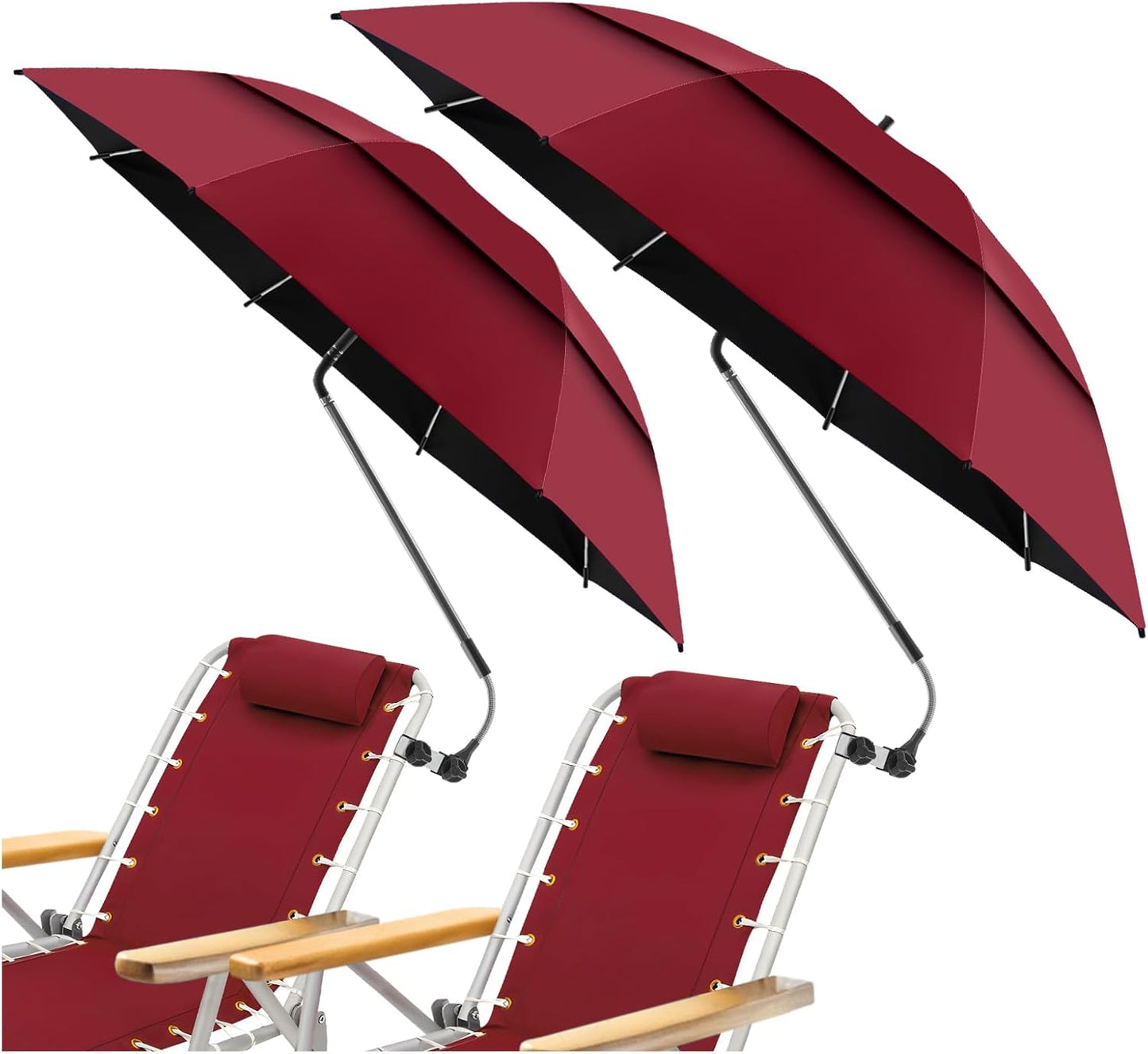 2 Pack 48.6" Double Canopy Beach Umbrella with Clamp, UPF50+ Beach Chair Umbrella with clip, 360°Adjustable Portable Outdoor Wheelchair, Patio, Golf Carts,Camping(Not Include Chair)