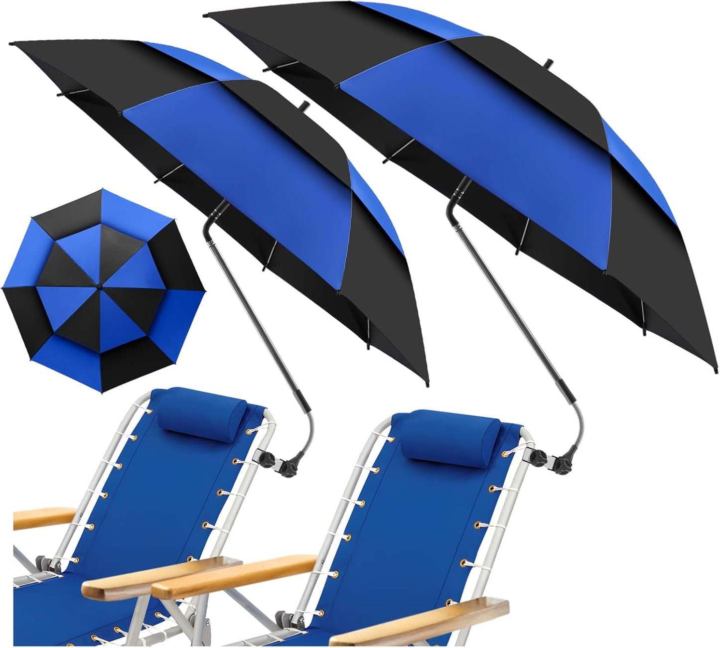 2 Pack 48.6" Double Canopy Beach Umbrella with Clamp, UPF50+ Beach Chair Umbrella with clip, 360°Adjustable Portable Outdoor Wheelchair, Patio, Golf Carts,Camping(Not Include Chair)