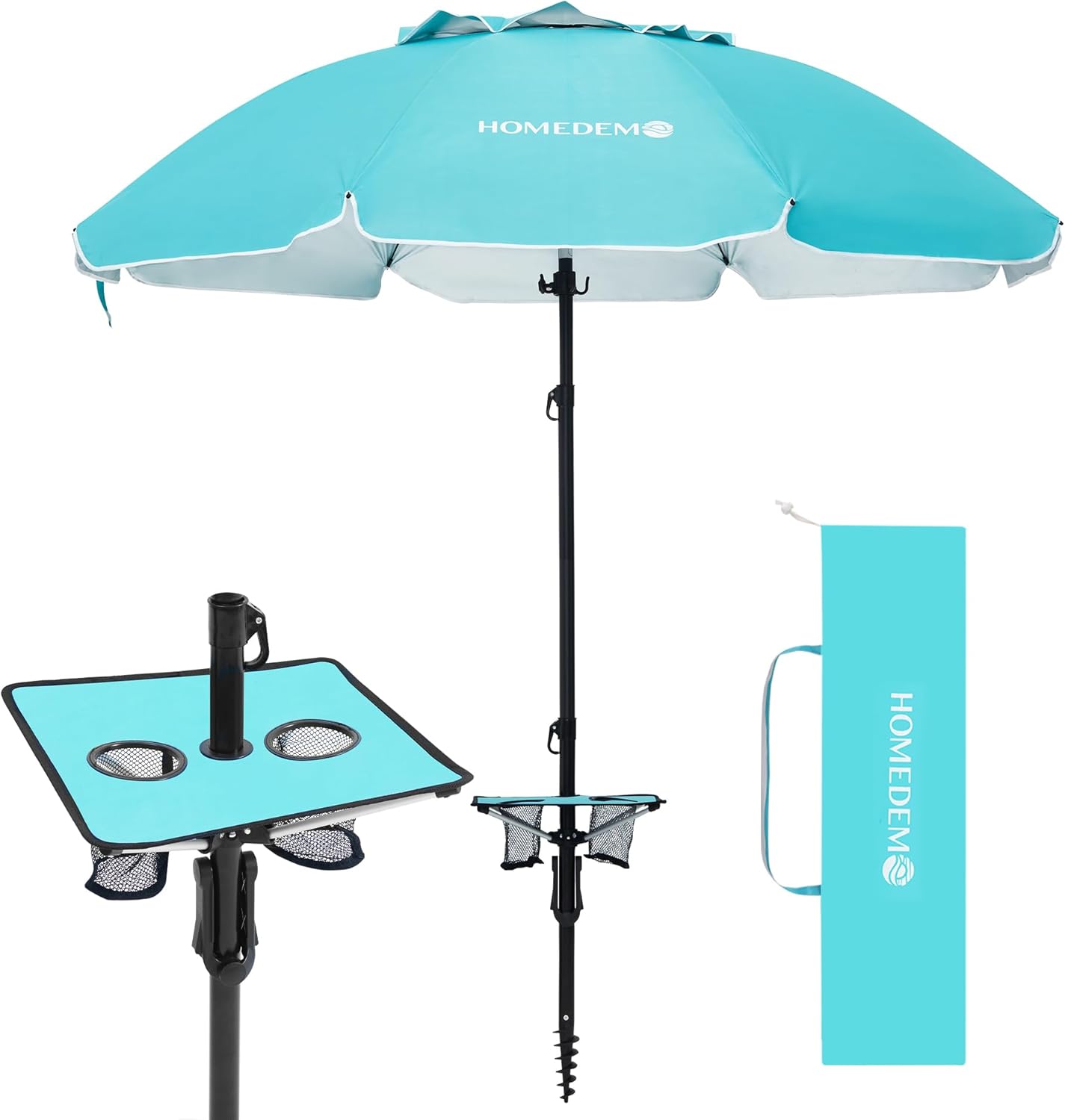 HOMEDEMO 7ft Beach Umbrellas For Sand Heavy Duty Wind, Portable Beach Umbrella UPF 50+ Windproof Outdoor Beach Umbrella with Sand Anchor, Tilt Pole, Carry Bag, Table Tray, Vent and Hook
