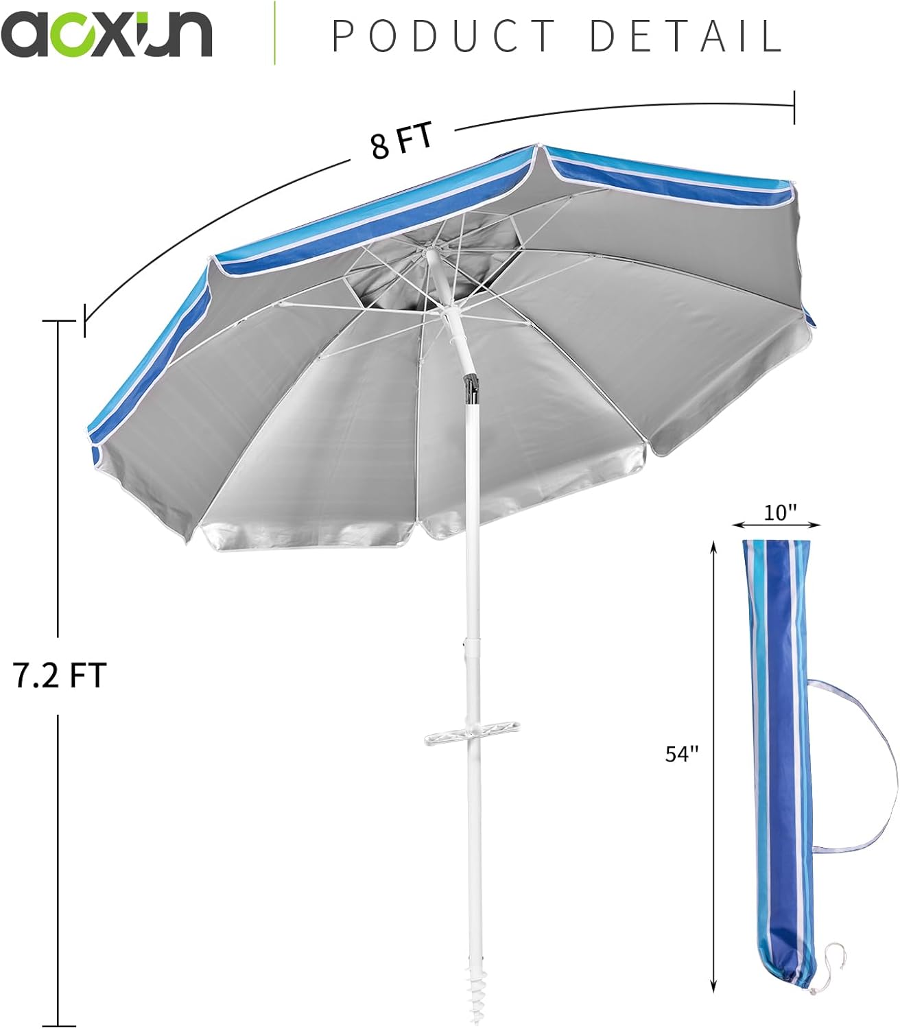 Aoxun 8FT Large Beach Umbrella with Heavy Duty Sand Anchor and Carry Bag, UPF 50+ Sun Shelter Air Vents Design for Outdoor Activities (Navy Blue & White)