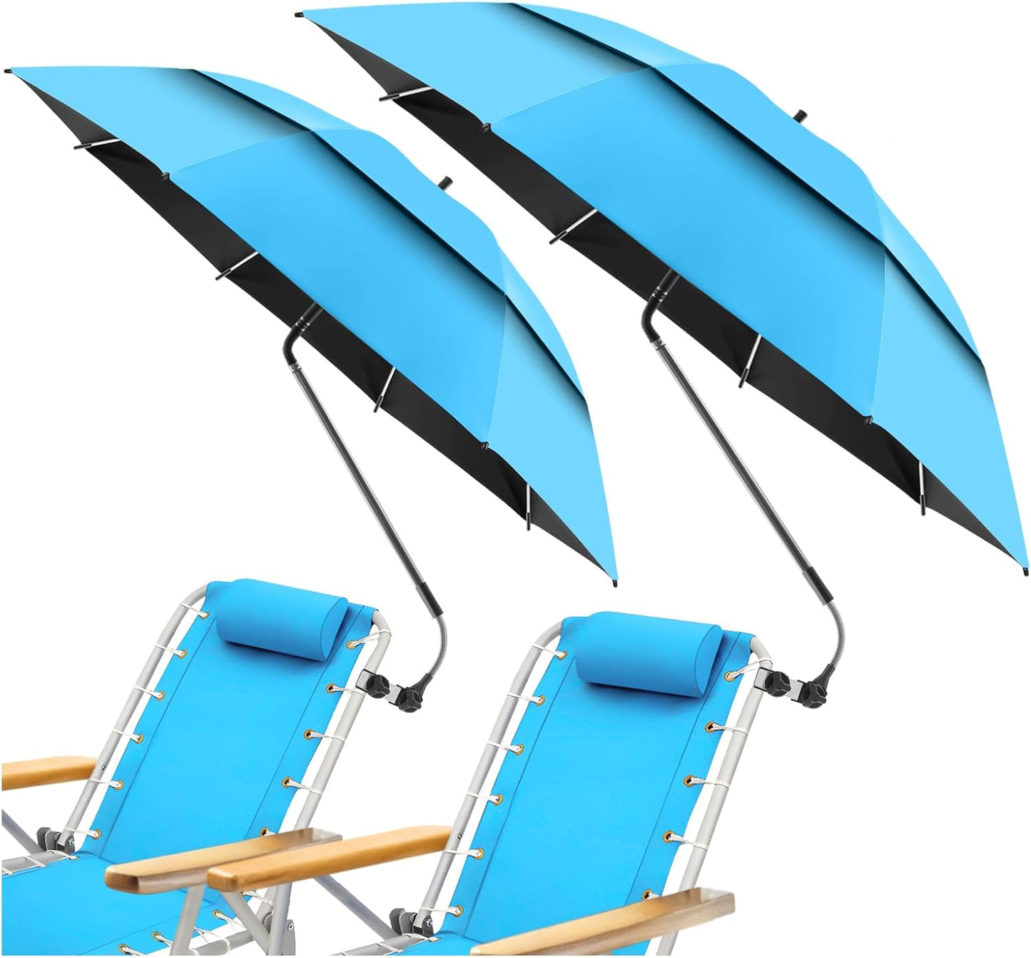 2 Pack 48.6" Double Canopy Beach Umbrella with Clamp, UPF50+ Beach Chair Umbrella with clip, 360°Adjustable Portable Outdoor Wheelchair, Patio, Golf Carts,Camping(Not Include Chair)
