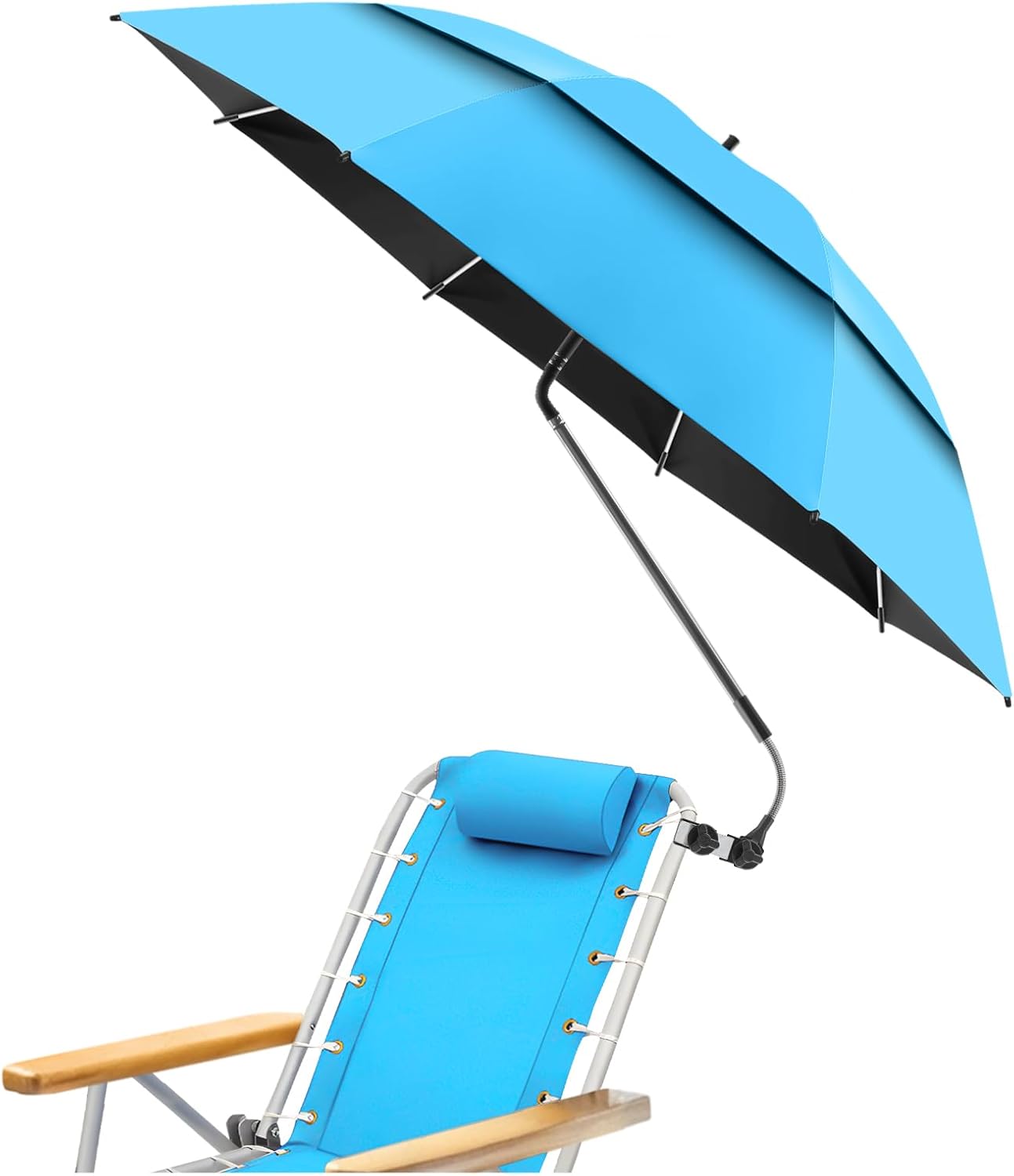 2 Pack 48.6" Double Canopy Beach Umbrella with Clamp, UPF50+ Beach Chair Umbrella with clip, 360°Adjustable Portable Outdoor Wheelchair, Patio, Golf Carts,Camping(Not Include Chair)