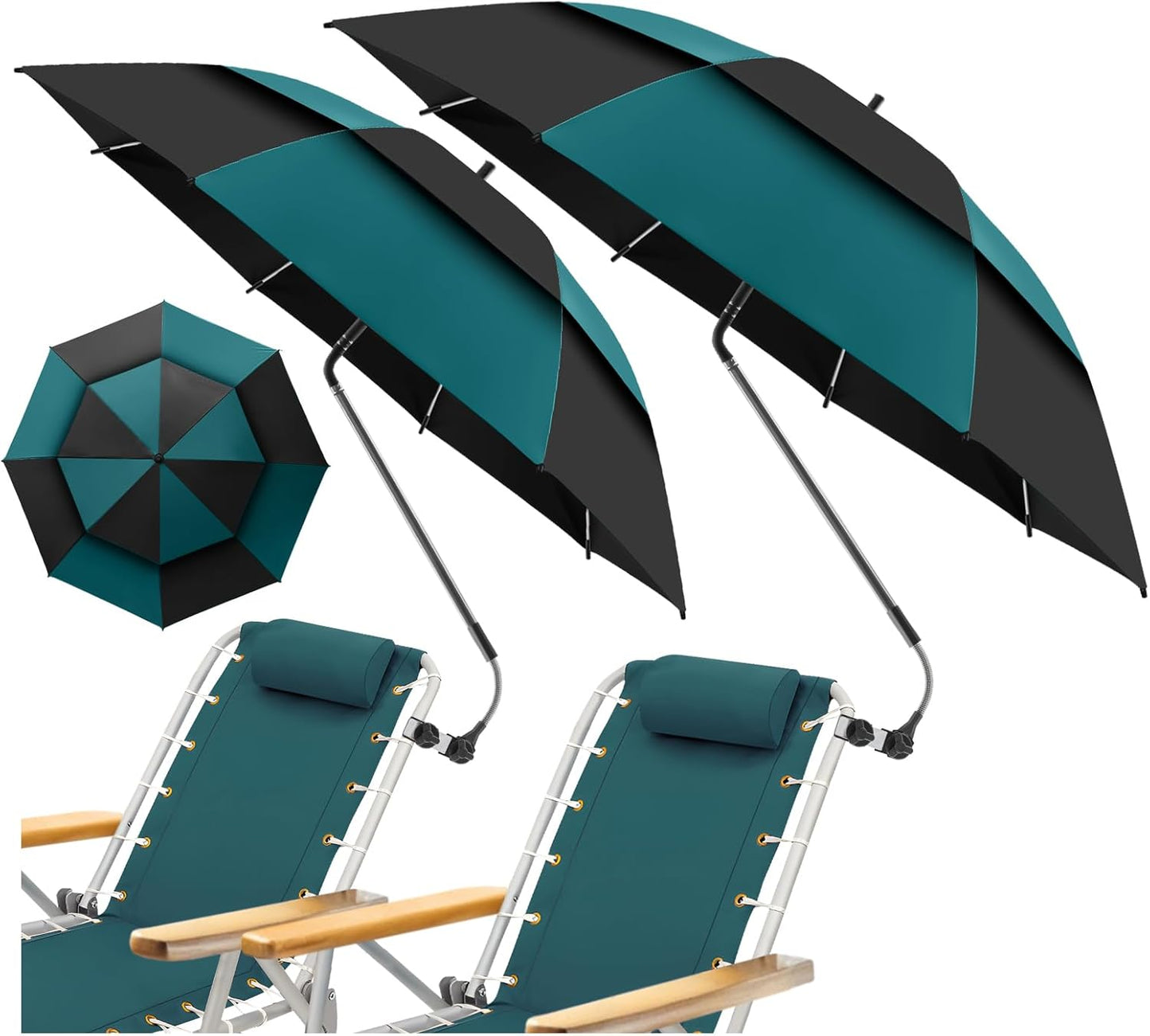 2 Pack 48.6" Double Canopy Beach Umbrella with Clamp, UPF50+ Beach Chair Umbrella with clip, 360°Adjustable Portable Outdoor Wheelchair, Patio, Golf Carts,Camping(Not Include Chair)