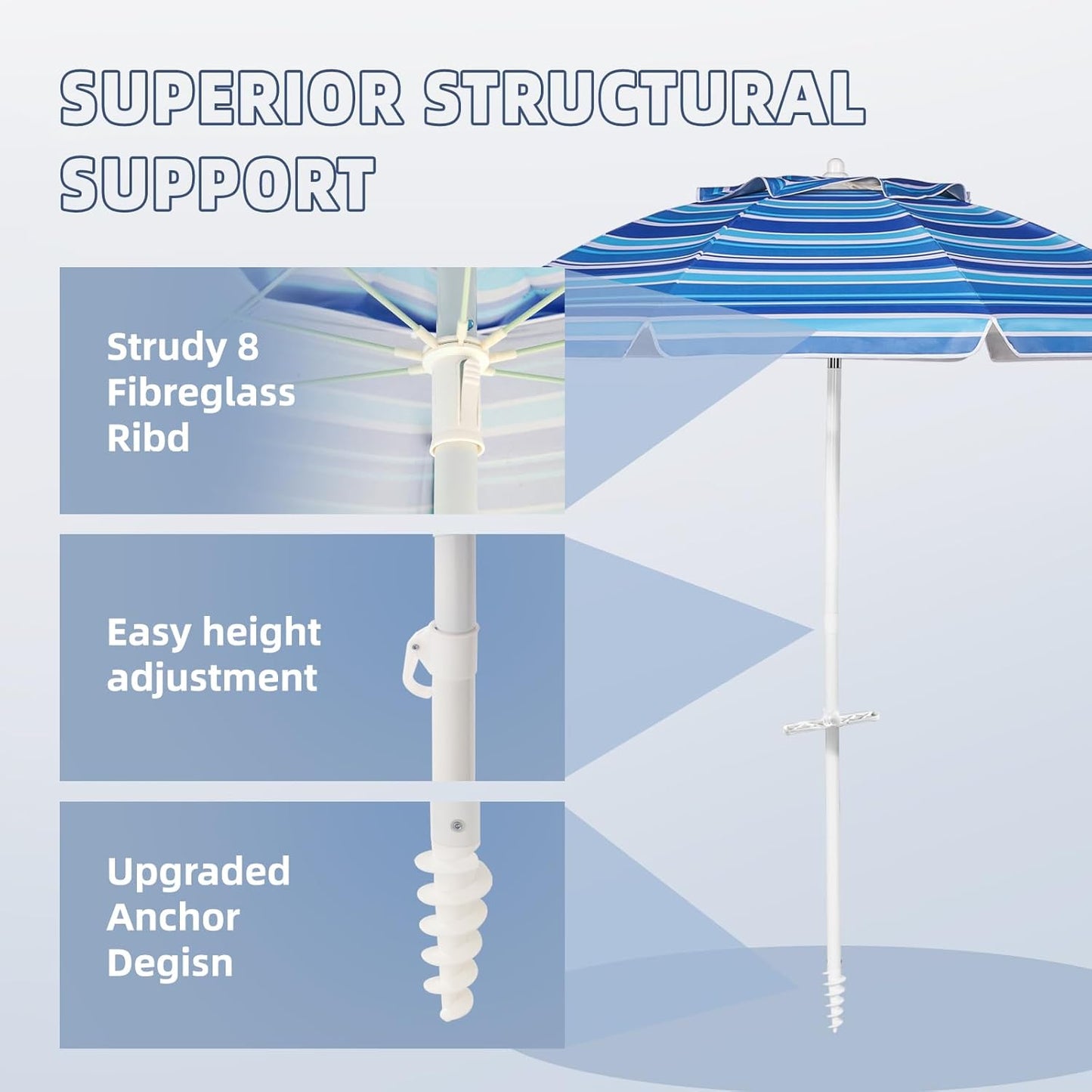 Aoxun 8FT Large Beach Umbrella with Heavy Duty Sand Anchor and Carry Bag, UPF 50+ Sun Shelter Air Vents Design for Outdoor Activities (Navy Blue & White)