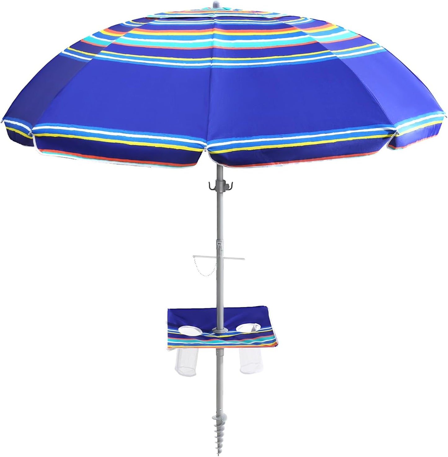 7ft Beach Umbrella featuring a built-in table with Sand Anchor & Tilt, UPF 50+ Protection Beach Umbrellas for Sand, Umbrellas for Heavy Duty Wind Portable with Carry Bag, Dark Blue Stripes(Random pattern)