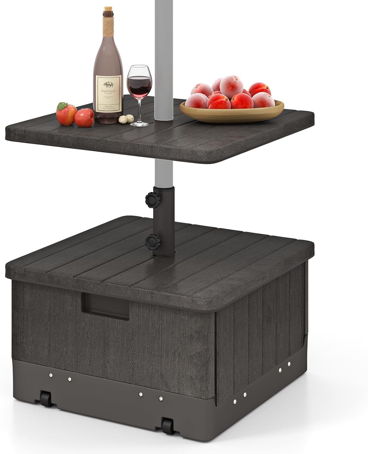 Giantex Outdoor Side Table with Umbrella Stand, 175 lbs Fillable Weighted Bag, Adjustable Umbrella Table Tray, 2 Wheels and 2 Handles, Umbrella Base with Storage for Patio Deck Garden Poolside (Black)