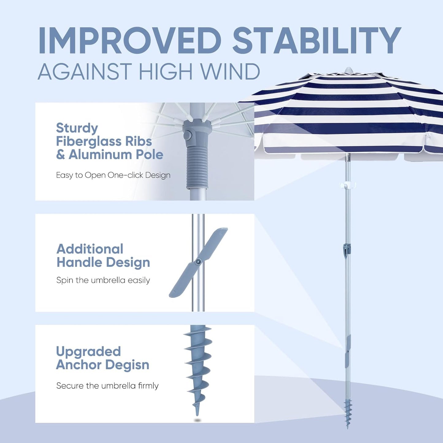 Tempera Heavy Duty High Wind Beach Umbrella with Sand Anchor & Carry Bag|Patio Outdoor Umbrella with Alumininm Frame, Sunshade Umbrella with Push Button Tilt, Ideal for Travel Garden Lawn Poolside Backyard, UPF 60+