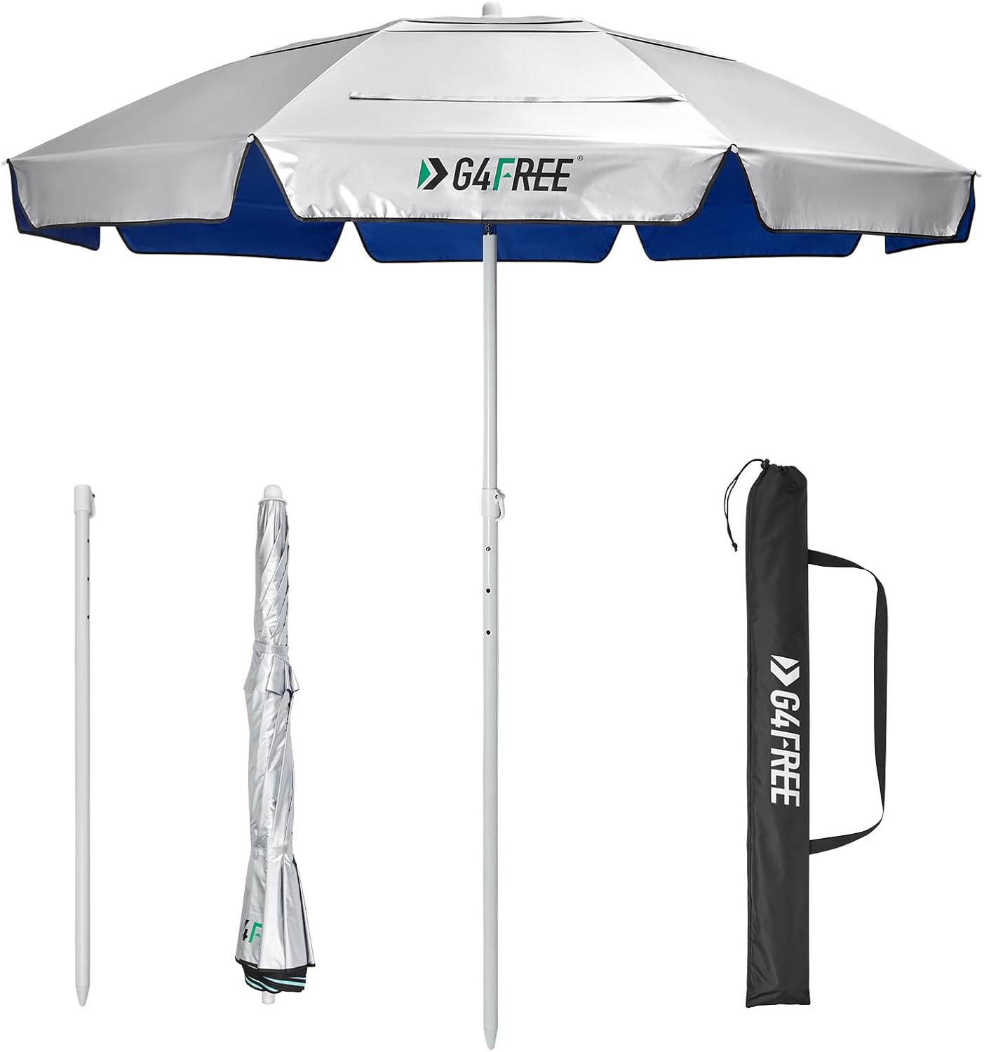 G4Free Heavy Duty Beach Umbrella for Sand, UPF 50+ UV Protection Sun Shelter Double Canopy with Air Vent and Push Button Tilt, 6.5 ft Portable Parasols with Carry Bag for Outdoor Patio Pool