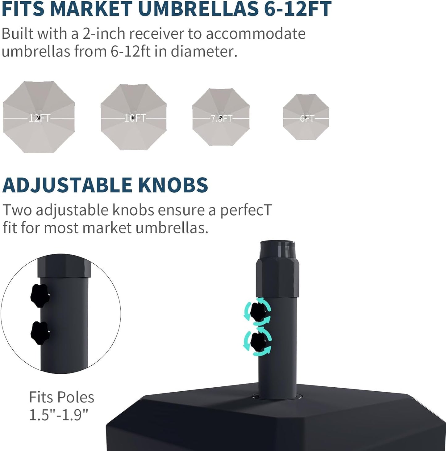 Fillable Mobile Patio Umbrella Base Heavy Duty Market Stand for Deck, Poolside w/ 4 Wheels, 2 Locks, 2 Knobs, Wind-Resistant Design - Black