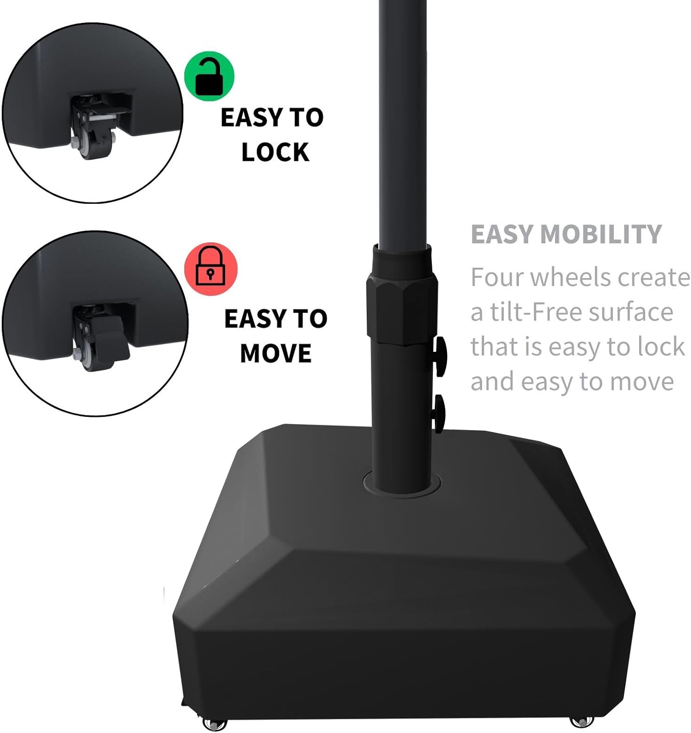 Fillable Mobile Patio Umbrella Base Heavy Duty Market Stand for Deck, Poolside w/ 4 Wheels, 2 Locks, 2 Knobs, Wind-Resistant Design - Black