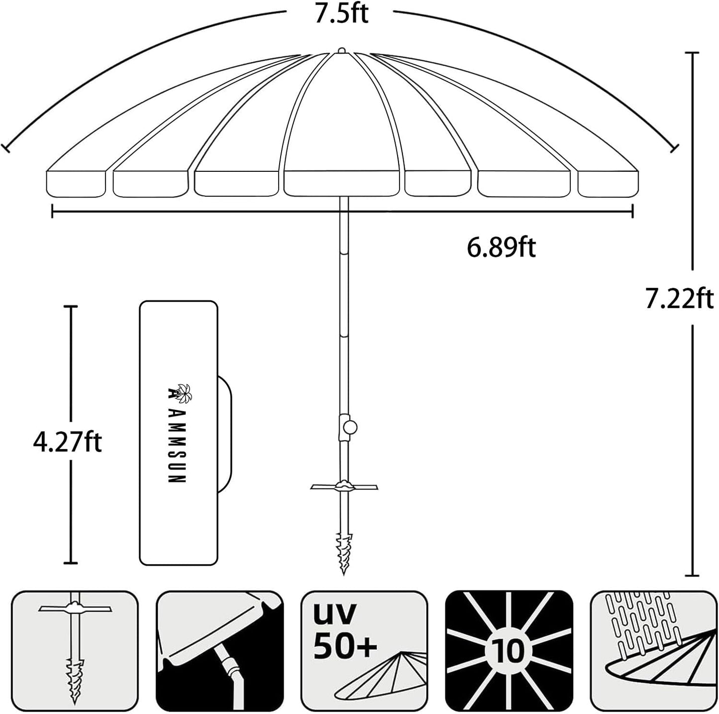 AMMSUN 7.5ft Large Heavy Duty HIGH Wind Beach Umbrella with sand anchor & Tilt Sun Shelter, UPF 50+ Protection Outdoor Umbrellas Sunshade with Carry Bag for Patio Garden Pool Backyard Rainbow