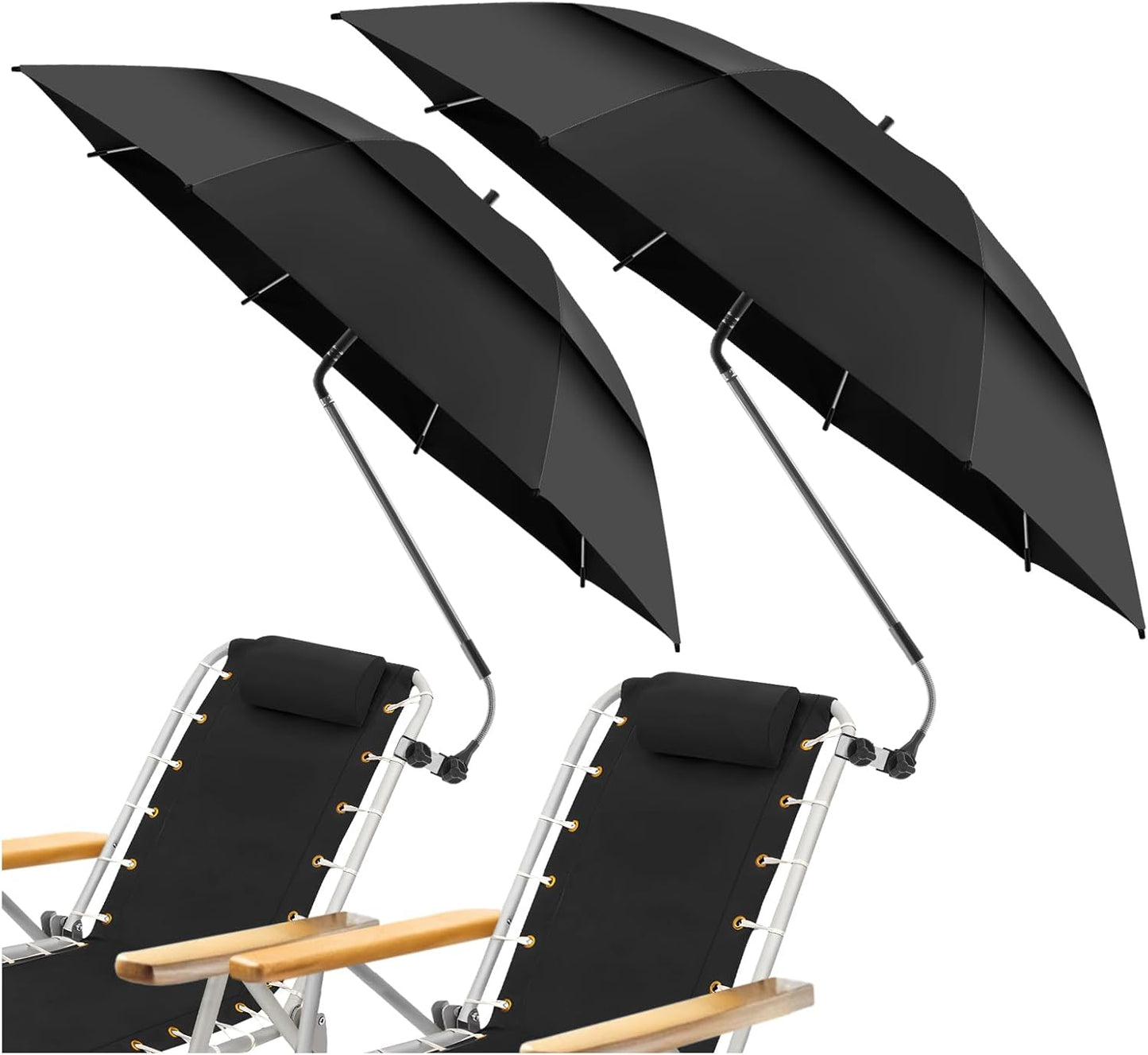 2 Pack 48.6" Double Canopy Beach Umbrella with Clamp, UPF50+ Beach Chair Umbrella with clip, 360°Adjustable Portable Outdoor Wheelchair, Patio, Golf Carts,Camping(Not Include Chair)