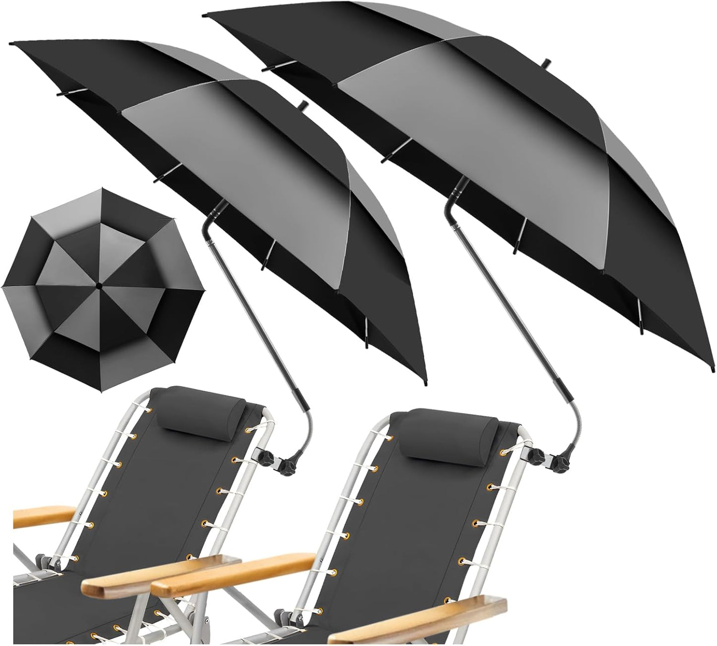 2 Pack 48.6" Double Canopy Beach Umbrella with Clamp, UPF50+ Beach Chair Umbrella with clip, 360°Adjustable Portable Outdoor Wheelchair, Patio, Golf Carts,Camping(Not Include Chair)