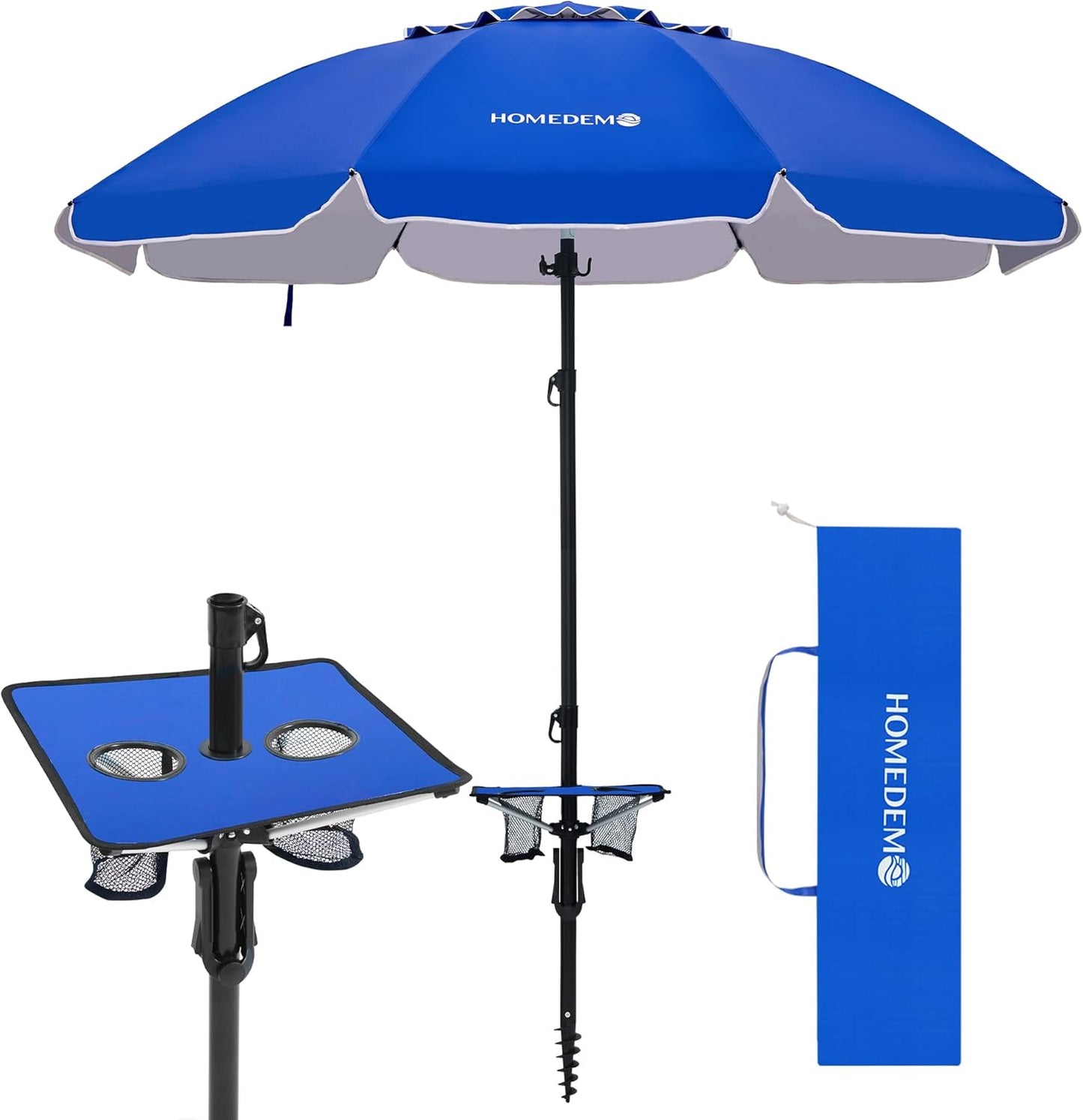 HOMEDEMO 7ft Beach Umbrellas For Sand Heavy Duty Wind, Portable Beach Umbrella UPF 50+ Windproof Outdoor Beach Umbrella with Sand Anchor, Tilt Pole, Carry Bag, Table Tray, Vent and Hook