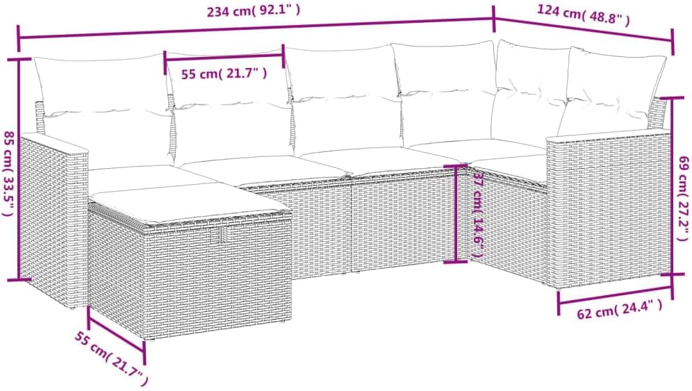vidaXL Patio Sofa Set - 6 Piece Seater with Cushions - Black PE Rattan & Powder-Coated Steel - Ideal for Outdoor Patio, Terrace, or Garden