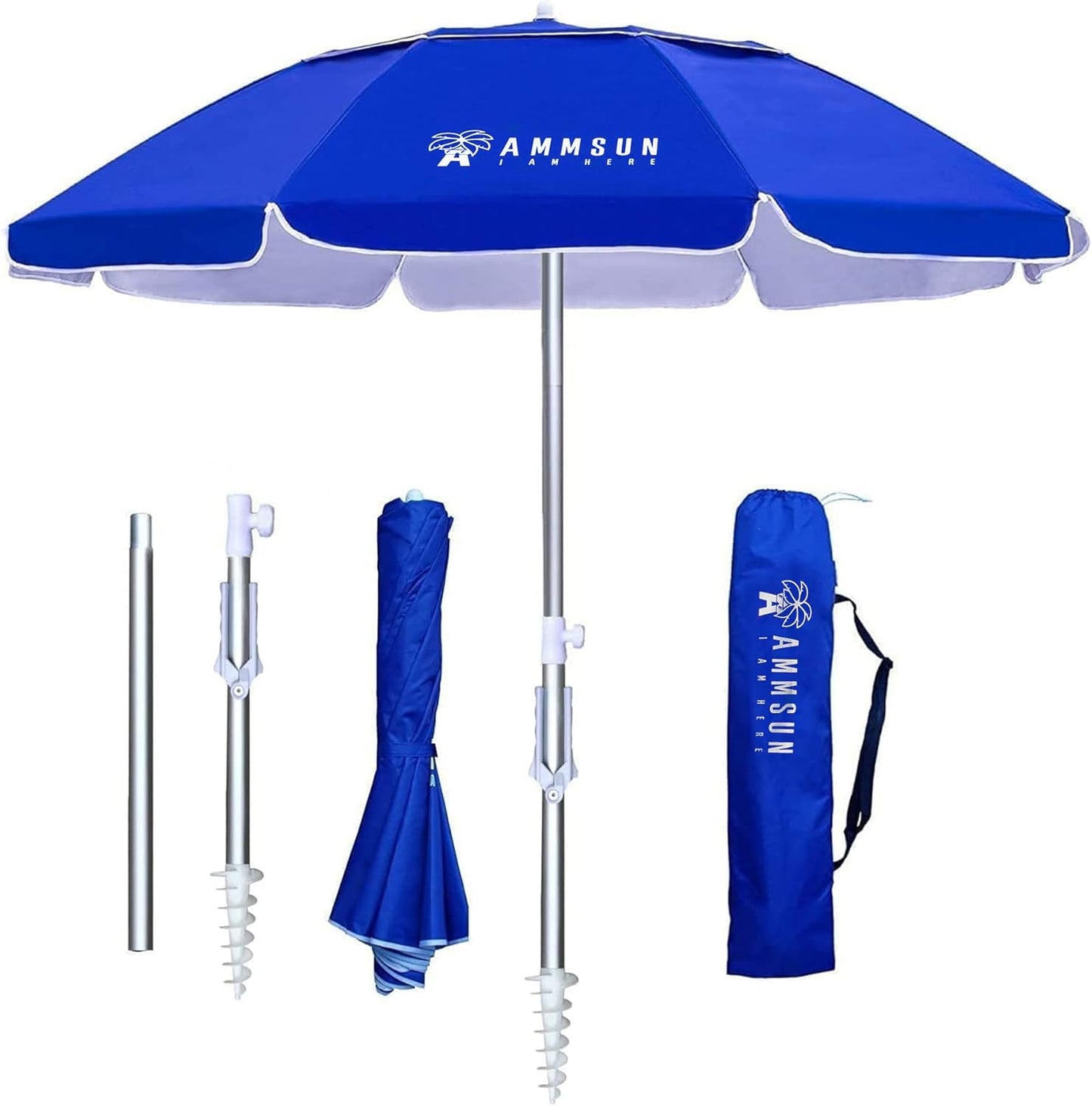 AMMSUN 6ft Folded Portable Travel Beach Umbrella with Sand Anchor Tilt Air vent UPF 50+UV Protection Fit In Suitcase Compact Foldable Telescopic umbrellas for Patio Garden Beach Pool Blue