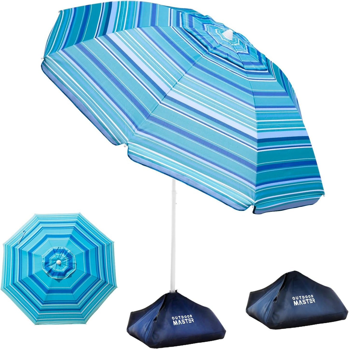 OutdoorMaster Beach Umbrellas with Sandbag & Anchor with 4 Cup Holder, 6.5ft Adjustable Umbrella for Beach Heavy Duty Wind, Portable UPF50+ Sunshade with Carry Bag for Patio,Blue Red with Cup Holder