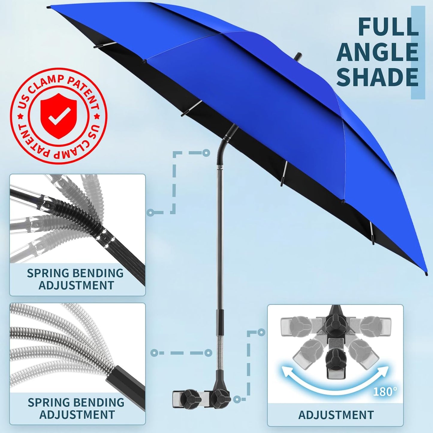2 Pack 48.6" Double Canopy Beach Umbrella with Clamp, UPF50+ Beach Chair Umbrella with clip, 360°Adjustable Portable Outdoor Wheelchair, Patio, Golf Carts,Camping(Not Include Chair)