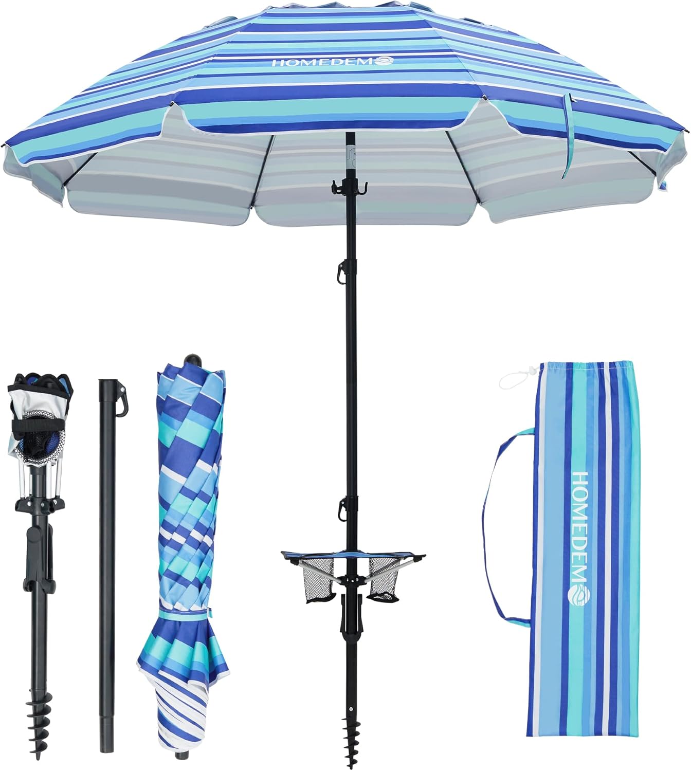 HOMEDEMO 7ft Beach Umbrellas For Sand Heavy Duty Wind, Portable Beach Umbrella UPF 50+ Windproof Outdoor Beach Umbrella with Sand Anchor, Tilt Pole, Carry Bag, Table Tray, Vent and Hook