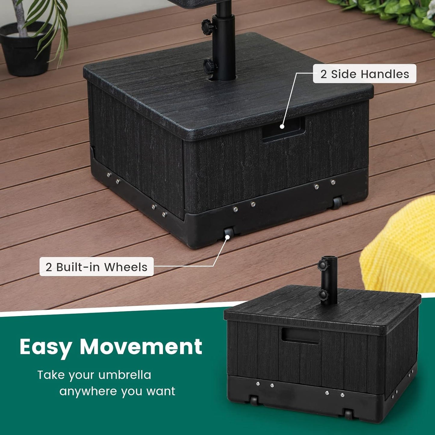 Giantex Outdoor Side Table with Umbrella Stand, 175 lbs Fillable Weighted Bag, Adjustable Umbrella Table Tray, 2 Wheels and 2 Handles, Umbrella Base with Storage for Patio Deck Garden Poolside (Black)