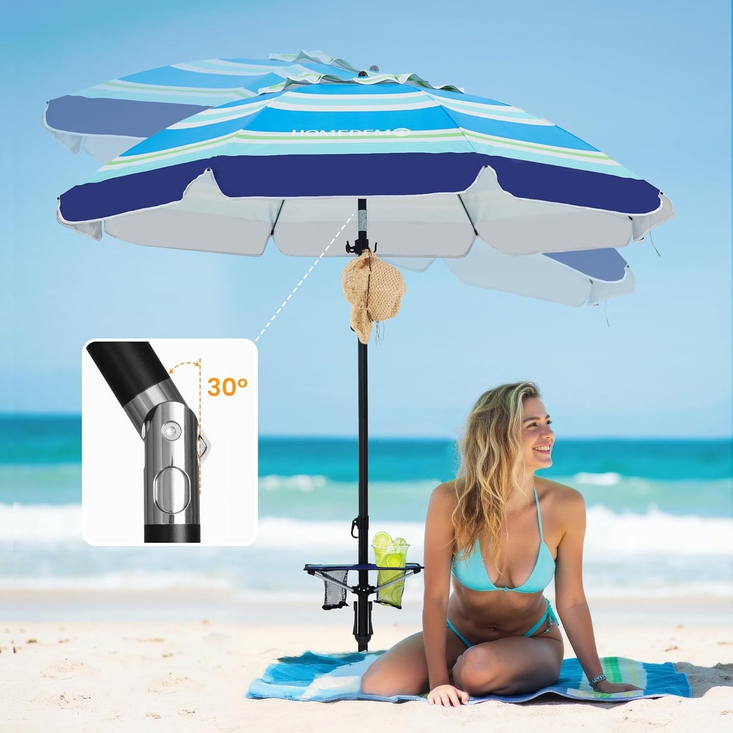 HOMEDEMO 7ft Beach Umbrellas For Sand Heavy Duty Wind, Portable Beach Umbrella UPF 50+ Windproof Outdoor Beach Umbrella with Sand Anchor, Tilt Pole, Carry Bag, Table Tray, Vent and Hook