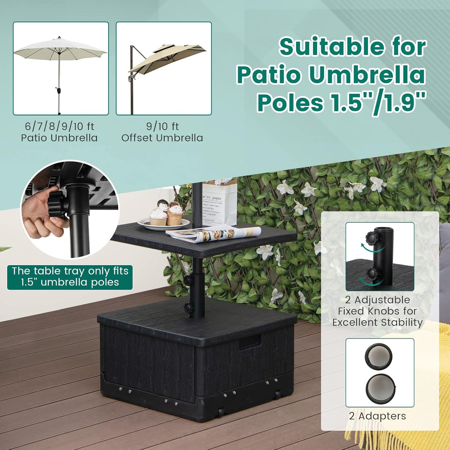 Giantex Outdoor Side Table with Umbrella Stand, 175 lbs Fillable Weighted Bag, Adjustable Umbrella Table Tray, 2 Wheels and 2 Handles, Umbrella Base with Storage for Patio Deck Garden Poolside (Black)