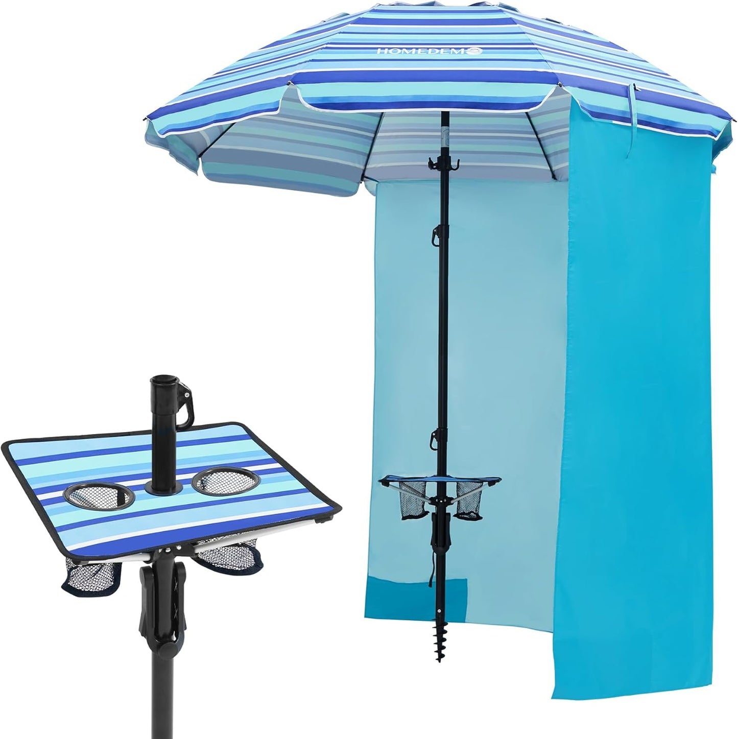 HOMEDEMO 7ft Beach Umbrellas For Sand Heavy Duty Wind, Portable Beach Umbrella UPF 50+ Windproof Outdoor Beach Umbrella with Sand Anchor, Tilt Pole, Carry Bag, Table Tray, Vent and Hook