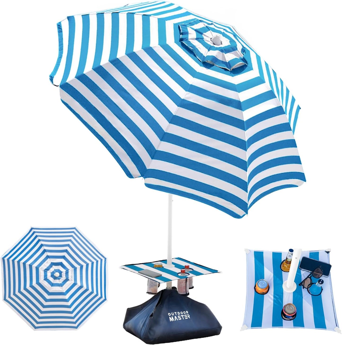 OutdoorMaster Beach Umbrellas with Sandbag & Anchor with 4 Cup Holder, 6.5ft Adjustable Umbrella for Beach Heavy Duty Wind, Portable UPF50+ Sunshade with Carry Bag for Patio,Blue Red with Cup Holder