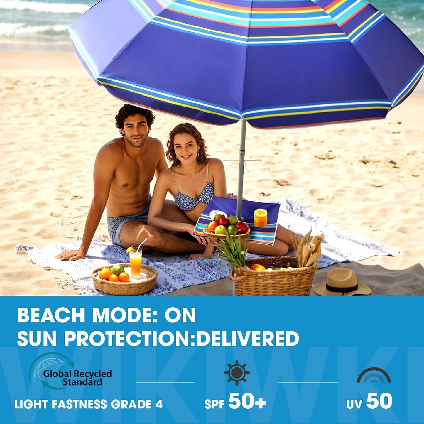 7ft Beach Umbrella featuring a built-in table with Sand Anchor & Tilt, UPF 50+ Protection Beach Umbrellas for Sand, Umbrellas for Heavy Duty Wind Portable with Carry Bag, Dark Blue Stripes(Random pattern)