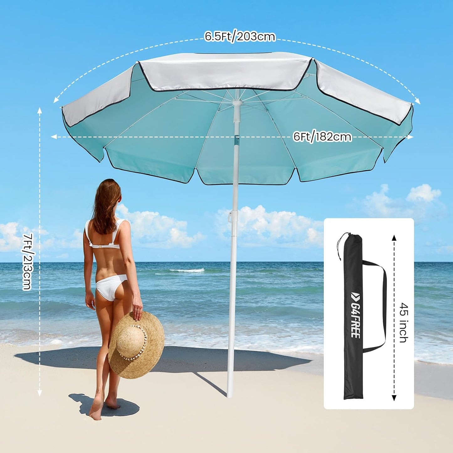 G4Free Heavy Duty Beach Umbrella for Sand, UPF 50+ UV Protection Sun Shelter Double Canopy with Air Vent and Push Button Tilt, 6.5 ft Portable Parasols with Carry Bag for Outdoor Patio Pool